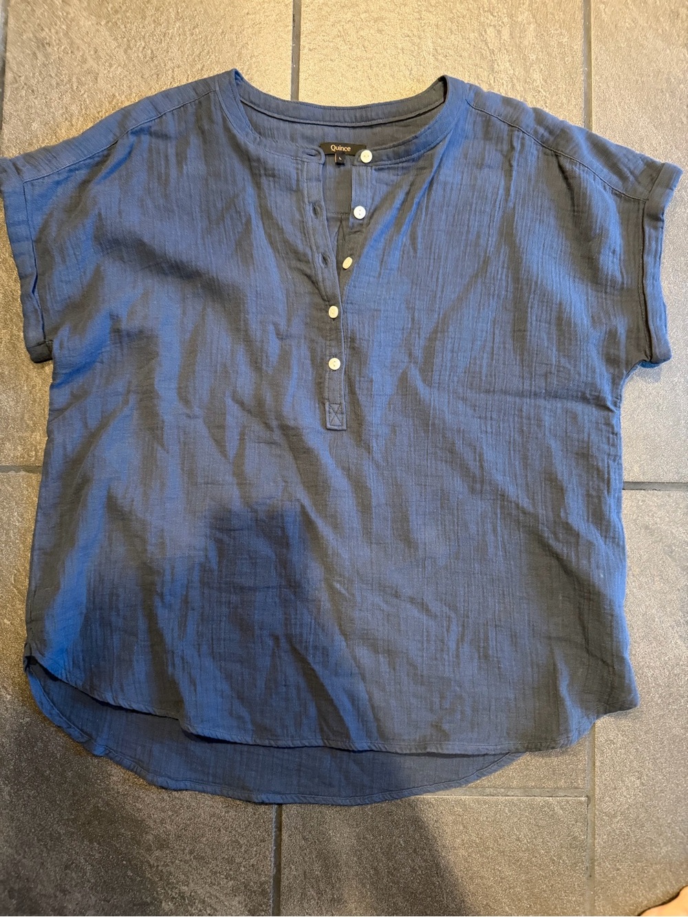 Quince Navy Short-Sleeve Button Henley Blouse
